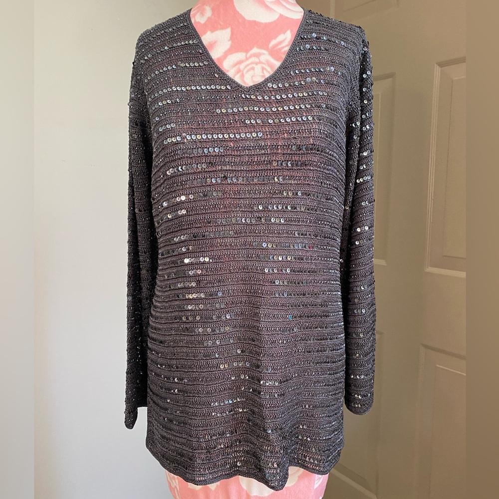 CHICO'S Open Knit Gray Sweater w/small Sequins Size 0